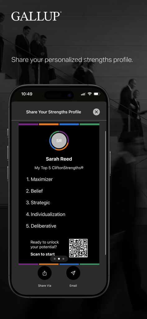 Gallup Access - Mobile screen showing Gallup Access app with Sarah Reed's top 5 CliftonStrengths and sharing options