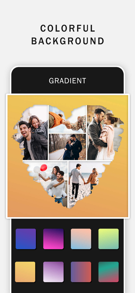 Photo Shape Collage Maker. - Heart shaped photo collage with a selection of colorful gradient backgrounds