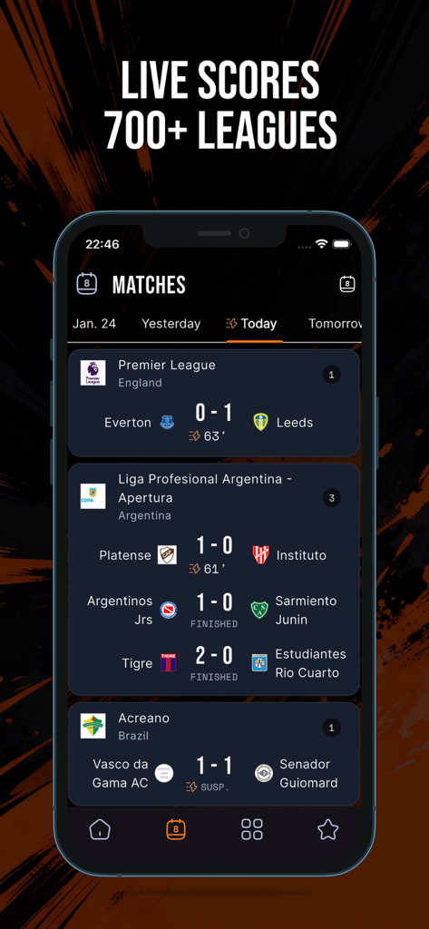 Foot Live Score: News & Videos - Live-Fußballergebnisse und Spielpläne für globale Ligen innerhalb der Foot Live Score App-Oberfläche.