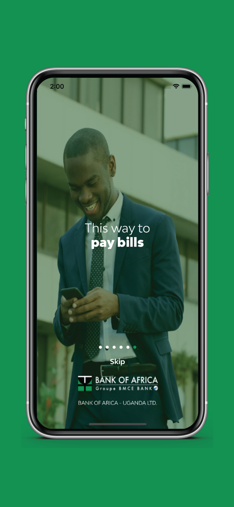BOA Mobile Wallet app onboarding screen showing a professional man using his phone to pay bills.