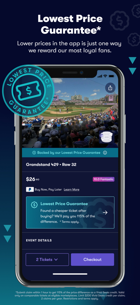 Vivid Seats mobile app interface highlighting the lowest price guarantee for live event tickets