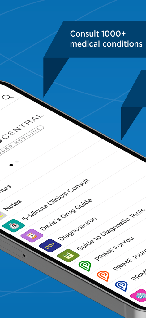 Medicine Central - Medicine Central app interface showing medical reference guides including clinical consult and drug guide