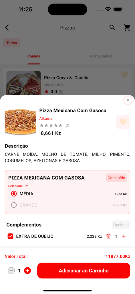 Entregas no Cubico - Pizza ordering interface on Entregas no Cubico mobile app showing a Mexican pizza with customization options.
