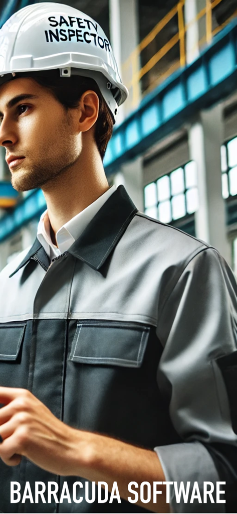 Safety Inspector - A professional safety inspector wearing a white hard hat and work uniform in an industrial setting