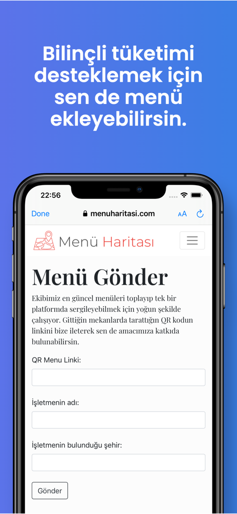 Menü Haritası: QR Kod Menü Oku - Screenshot of the menu submission form in Menu Haritasi app