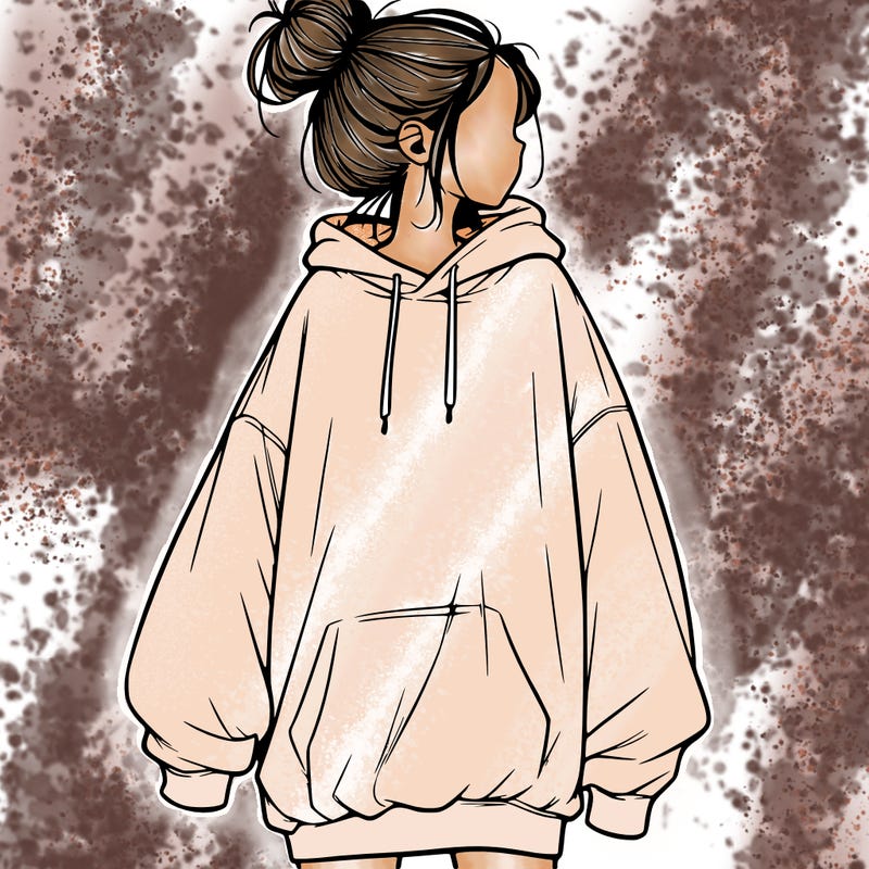 realistic girl with a oversized sweatshirt on and a bun