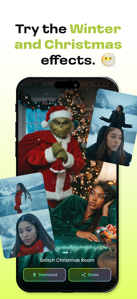 AI Effects & Filters - Bloom - Bloom app interface showcasing winter and Christmas AI video and photo effects on a smartphone screen.