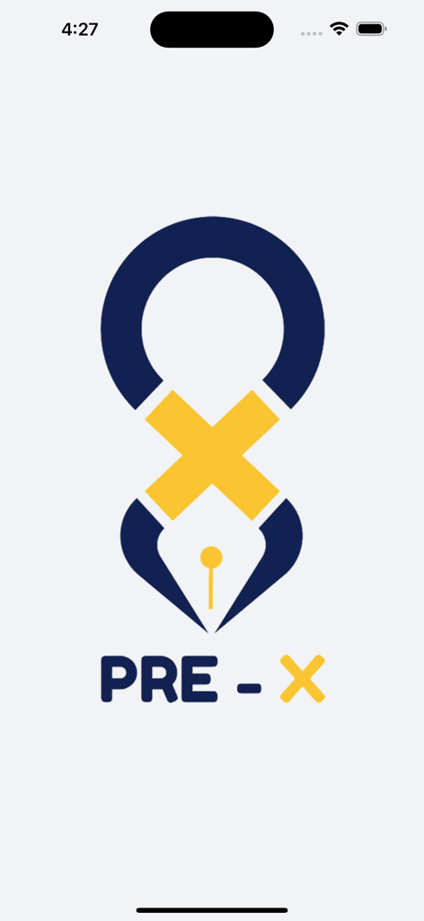 Pantalla de bienvenida de la aplicación PreX con un logo azul marino y amarillo con un diseño estilizado de punta de pluma.