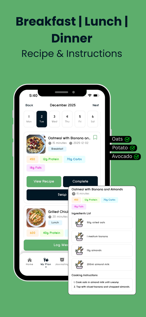 NM: AI Meal Planner & Wellness - AI meal planner app showing breakfast recipe instructions and nutritional macros