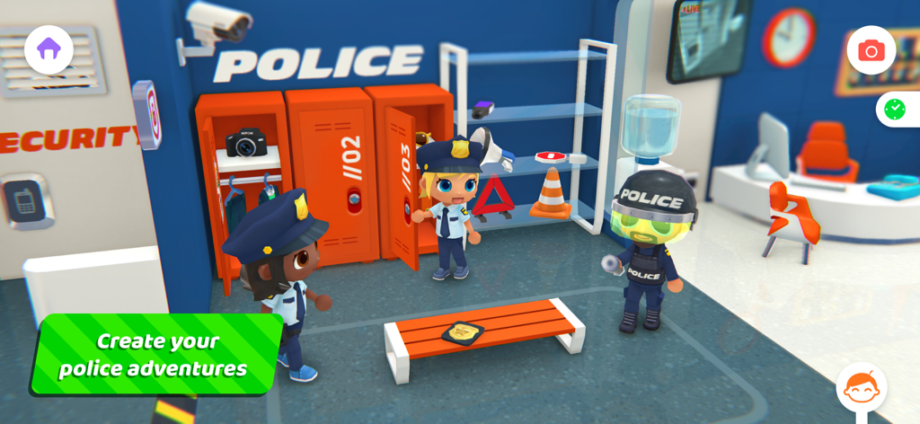 Captura de pantalla del juego de Urban City Stories que muestra personajes vestidos de policías en una estación