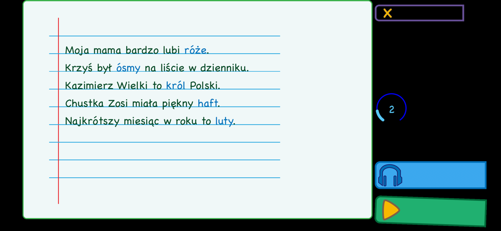 Polskie Ortogramy 2 - A digital notebook interface within the Polskie Ortogramy 2 app showing Polish sentences for spelling practice and educational exercises.