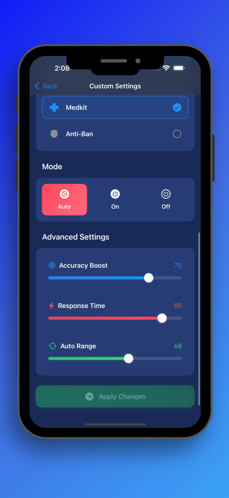 FFH4X Pro app screen showing custom gaming settings with sliders for accuracy boost and response time