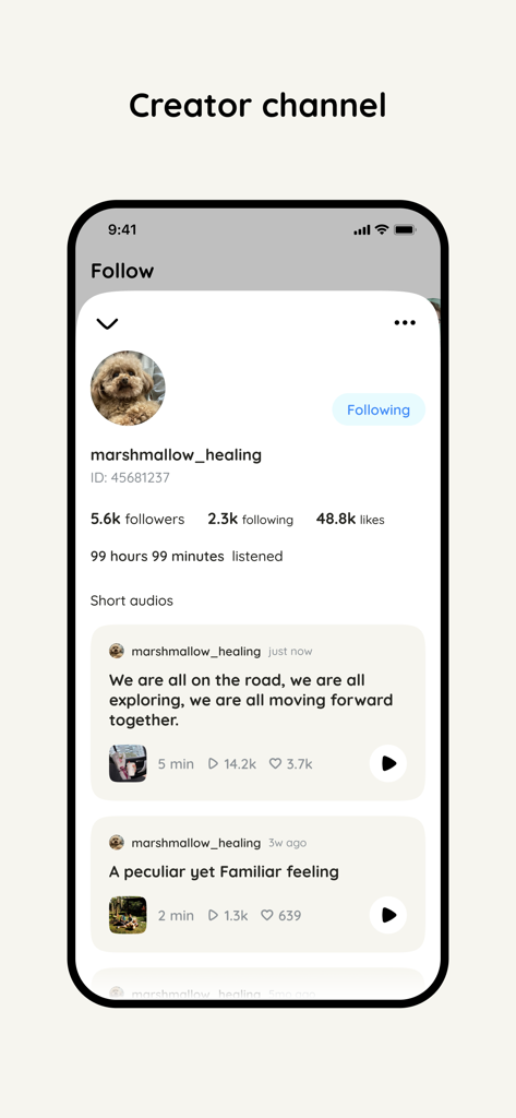 Lit Wavee: Audio Stories - Interfaz de la aplicación Lit Wavee que muestra el perfil de un creador con estadísticas de seguidores y una lista de historias de audio cortas.