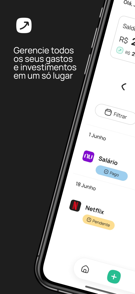 Planeo - Une interface d'application mobile moderne pour Planeo montrant une liste de dépenses suivies comme le salaire et les abonnements Netflix