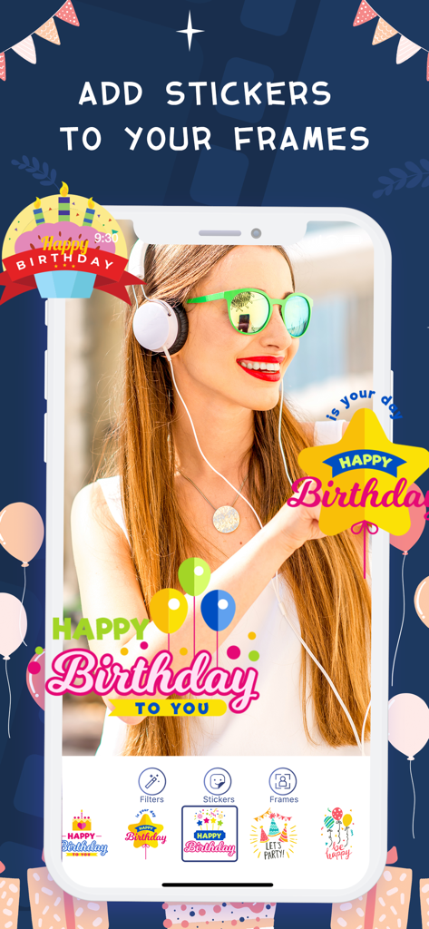 Adding festive Happy Birthday stickers to a photo in the Birthday Video Maker app.