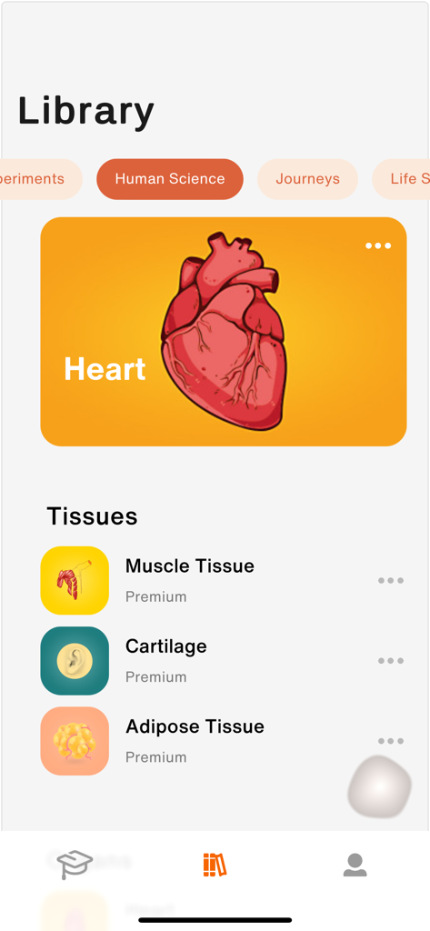 Hologo - Hologo app library screen featuring a human heart 3D model and biology lessons on muscle tissue cartilage and adipose tissue