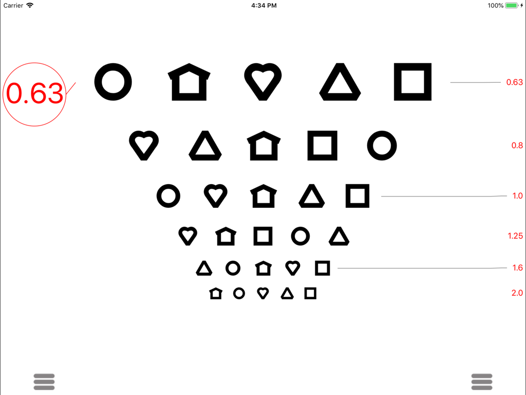 Pediatric visual acuity chart featuring geometric shapes like hearts and houses for eye exams