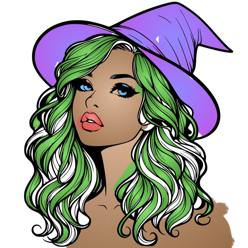 realistic witch girl with wavy hair and lips