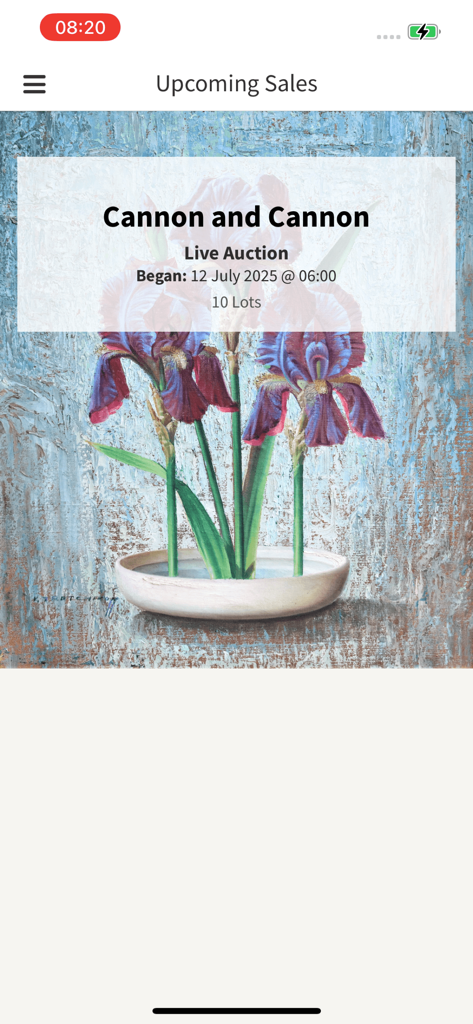 Cannons Auctioneers app interface showing upcoming sales and a live auction for fine art with a painting of irises.