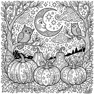 Unleash your creativity with this enchanting coloring page featuring elegant white pumpkins under a mystical night sky. Two wise owls watch over a celestial dreamscape, perfect for a relaxing and imaginative coloring session.