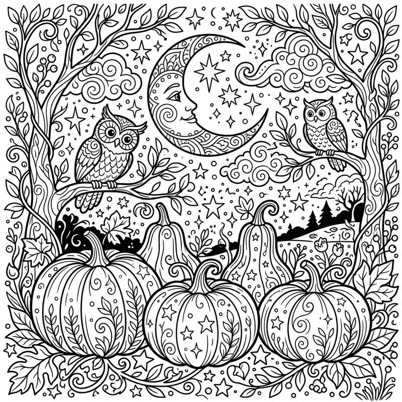 Unleash your creativity with this enchanting coloring page featuring elegant white pumpkins under a mystical night sky. Two wise owls watch over a celestial dreamscape, perfect for a relaxing and imaginative coloring session.