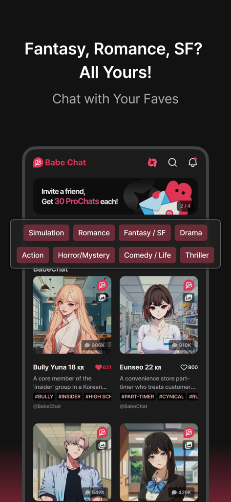 BabeChat - Unleash Unlimited - Interface of BabeChat app featuring anime characters and roleplay categories
