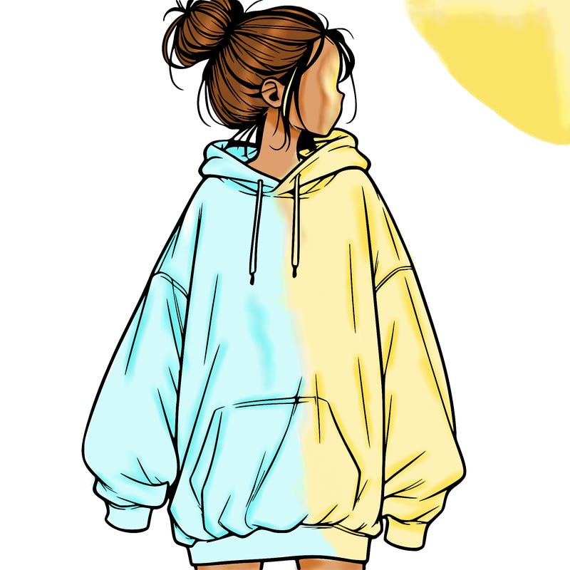 realistic girl with a oversized sweatshirt on and a bun