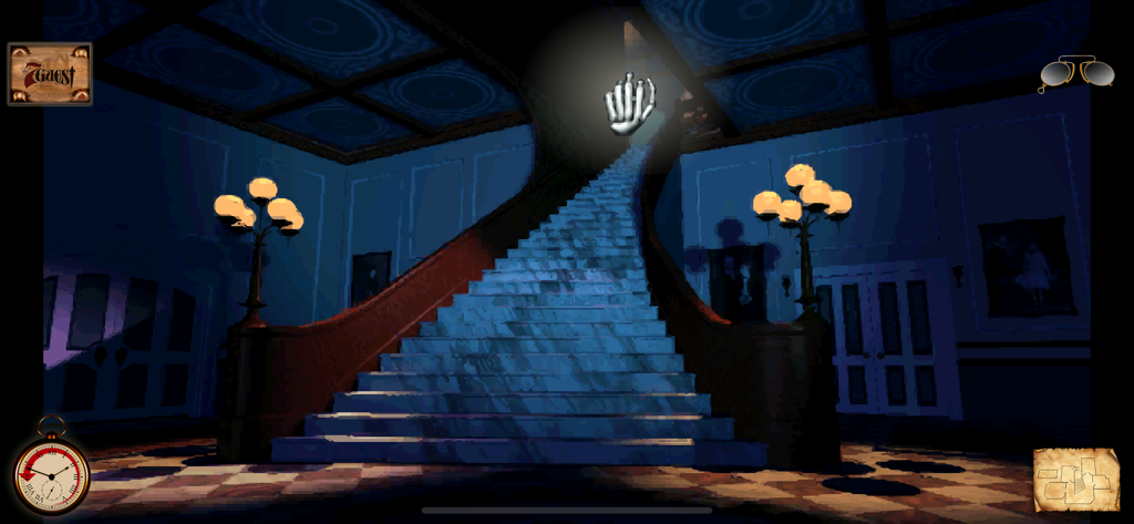 A grand blue-lit staircase in the haunted mansion of The 7th Guest Remastered