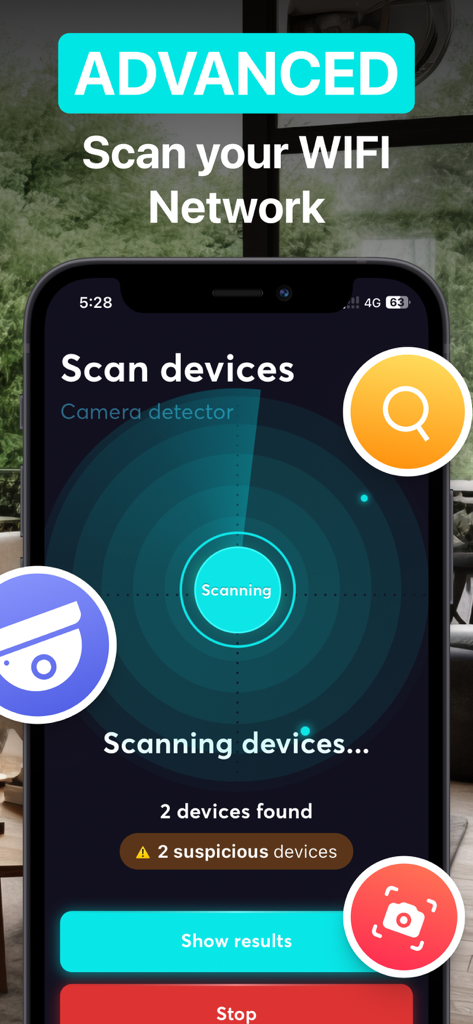 Hidden Camera Spy Detector Hid - iPhone interface of the Hidden Camera Detector app showing a radar scan to identify suspicious devices on a WiFi network.