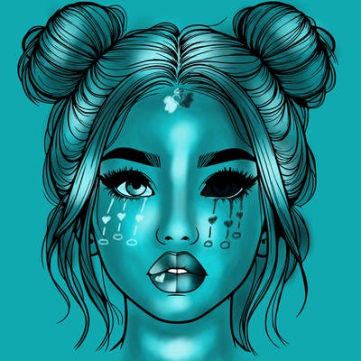 realistic girl with two buns on her hair and lips