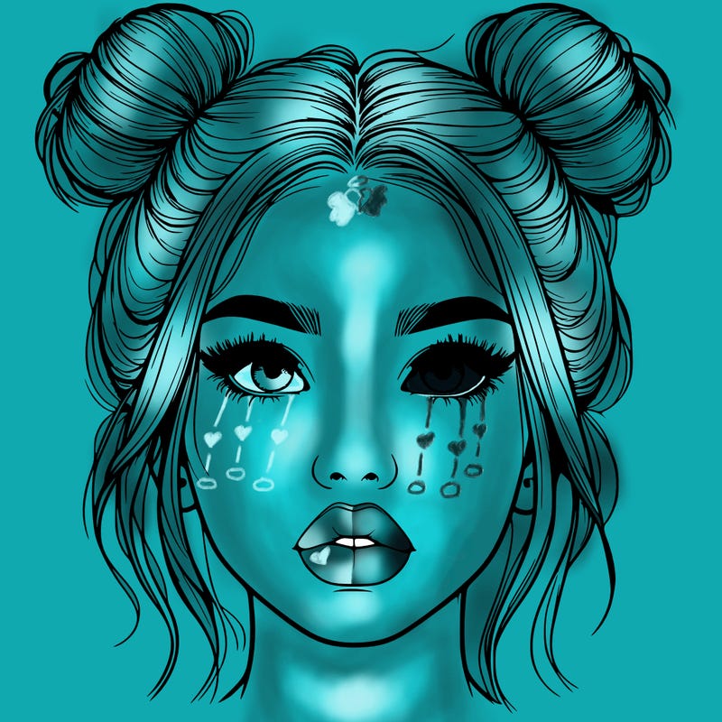 realistic girl with two buns on her hair and lips