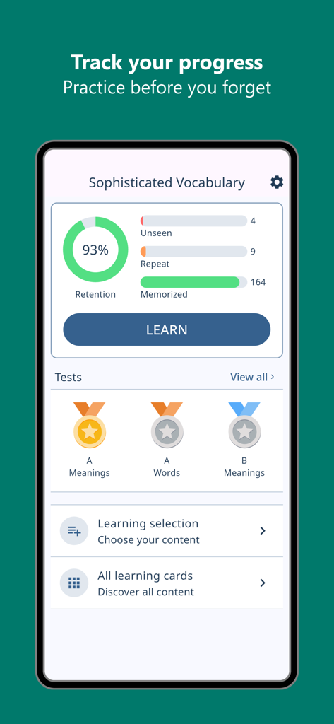 Rare English Words Trainer - Mobile app dashboard showing sophisticated vocabulary learning progress and test achievement medals
