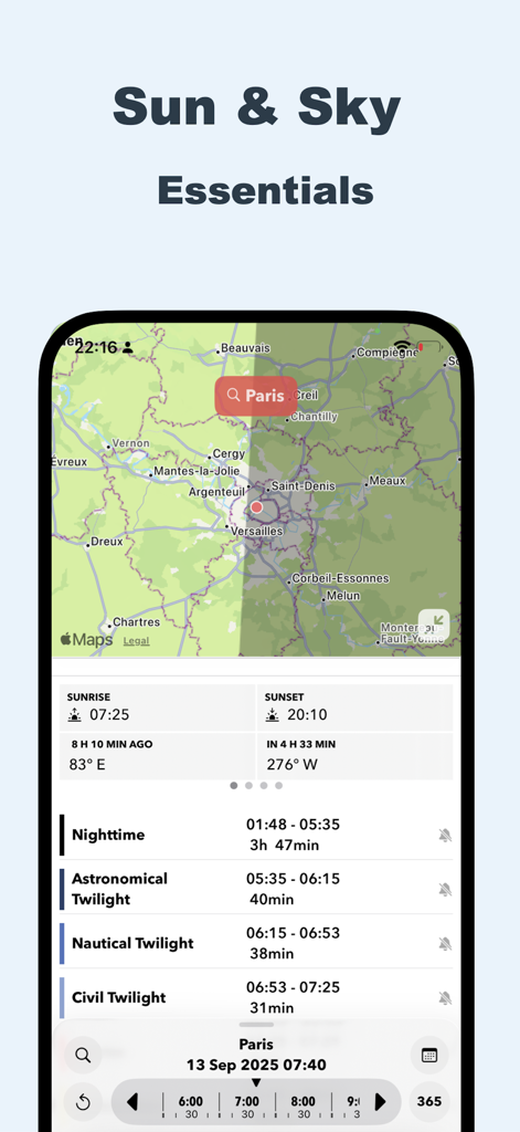 Sun Tracker AR app interface showing sun path map of Paris and detailed twilight timing tables