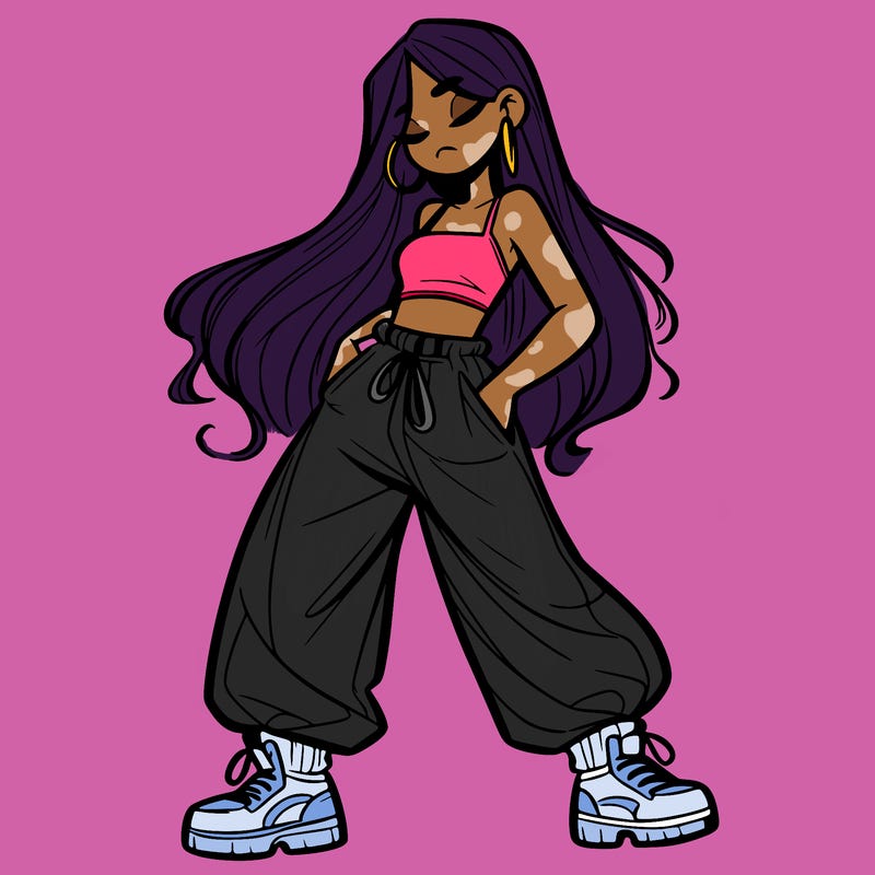 girl in baggy pants crop top and long hair