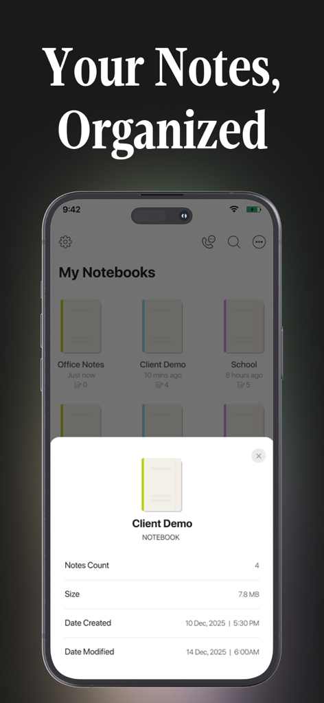 Greatnotes5 - AI Notes Taker - Greatnotes5 app interface showing organized digital notebooks and file details on an iPhone