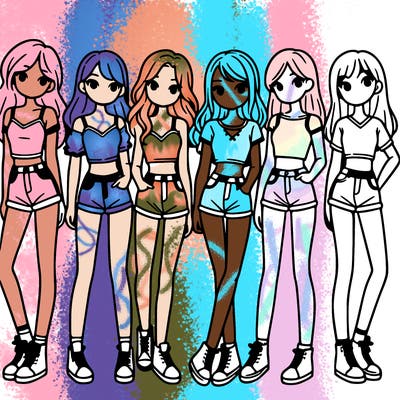 a group of girls wearing crop tops and shorts