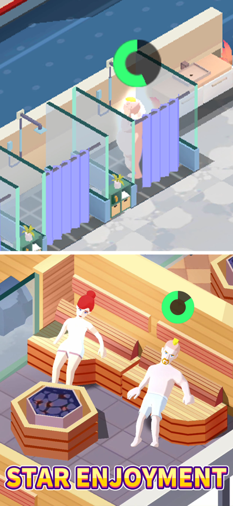Gameplay screenshot of fitness club tycoon showing characters using gym shower stalls and a luxury sauna