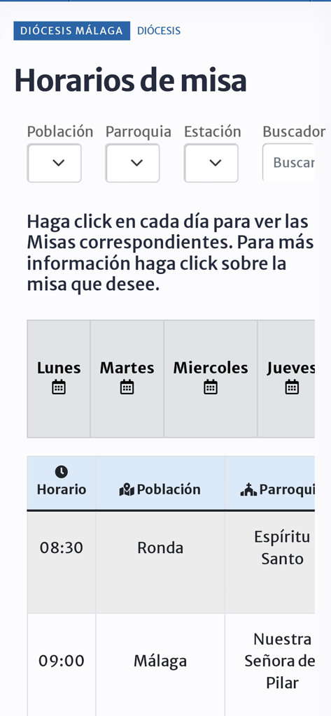 DiocesisMalaga - Mass schedules and parish search screen in the DiocesisMalaga app