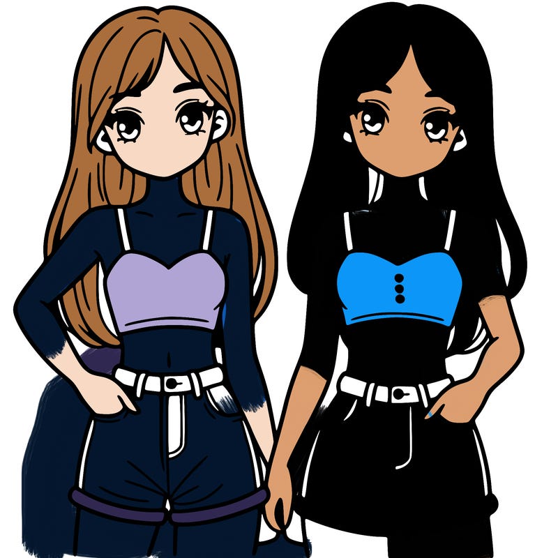 two sisters with crop tops and jean shorts and straight hair