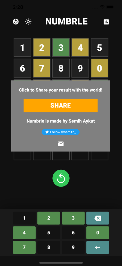 Numbrle - Numbrle app interface featuring a completed number puzzle and a share result pop-up.