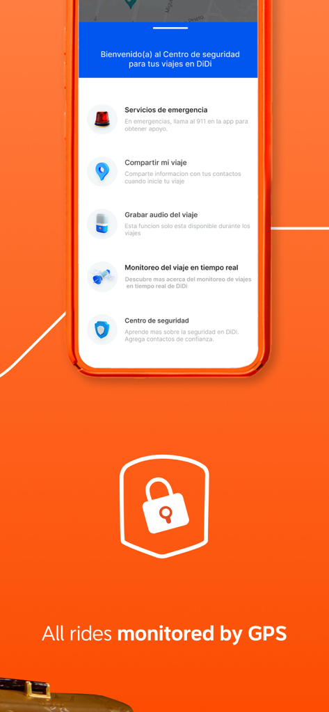 DiDi Rider app safety center interface showing emergency services and real-time GPS monitoring features
