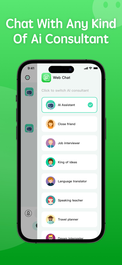 Screen showing multiple AI consultant options like AI Assistant and Travel Planner in the Whats Web Duo app