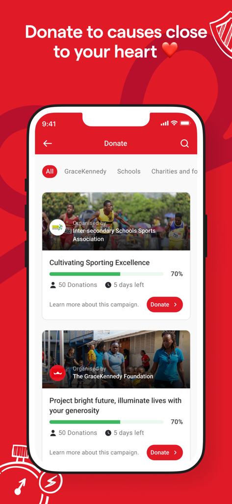 GK One - Pantalla de la aplicación GK One que muestra opciones de donación para organizaciones benéficas y escuelas jamaicanas