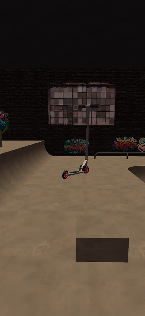 A pro scooter in a virtual skatepark with graffiti and ramps