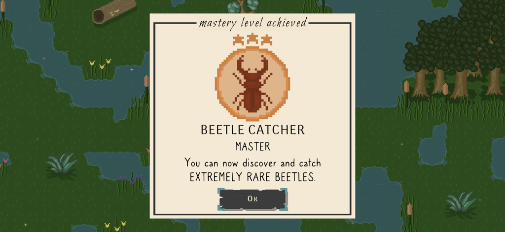 Schermata del trofeo di Maestro Collezione Scarabei nel gioco Bug and Seek che mostra lo sblocco di scarabei estremamente rari.