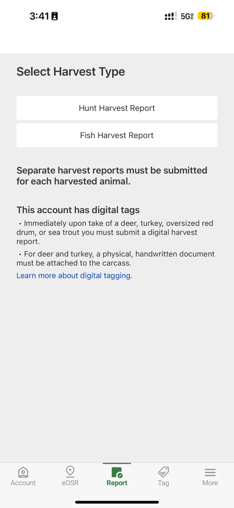Texas Hunt and Fish app interface for choosing between hunt or fish harvest reports with digital tag information.