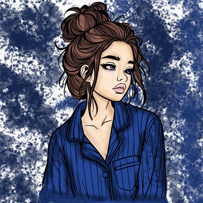 realistic woman with pajamas on and a messy bun