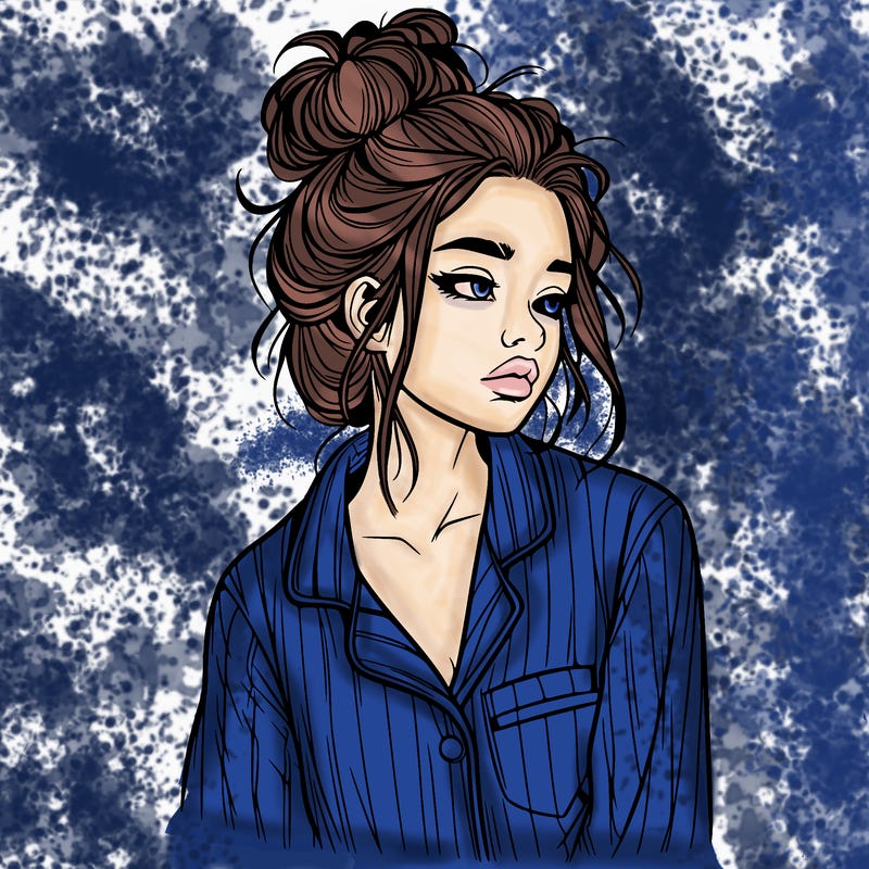 realistic woman with pajamas on and a messy bun