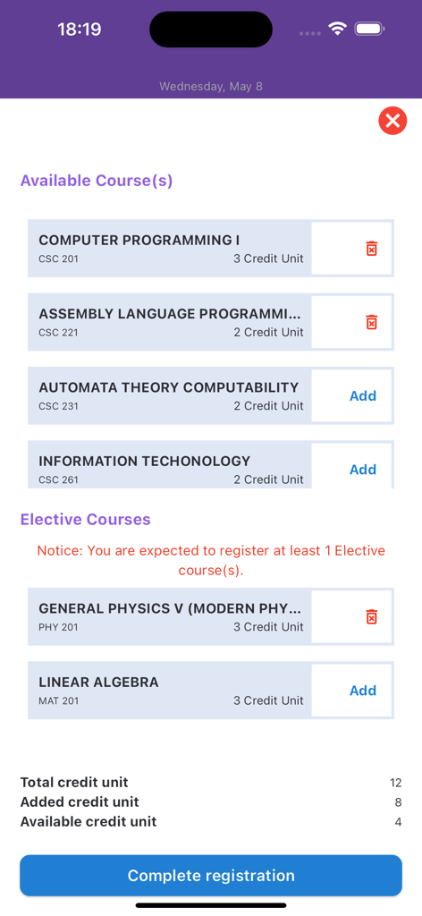 UNIZIK Portal - UNIZIK Portal app screen showing university course registration with options to add and delete elective courses.