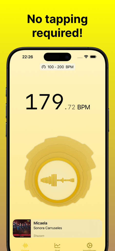 Auto BPMアプリインターフェースは、再生中の曲のリアルタイムテンポ検出179 BPMを示しています。